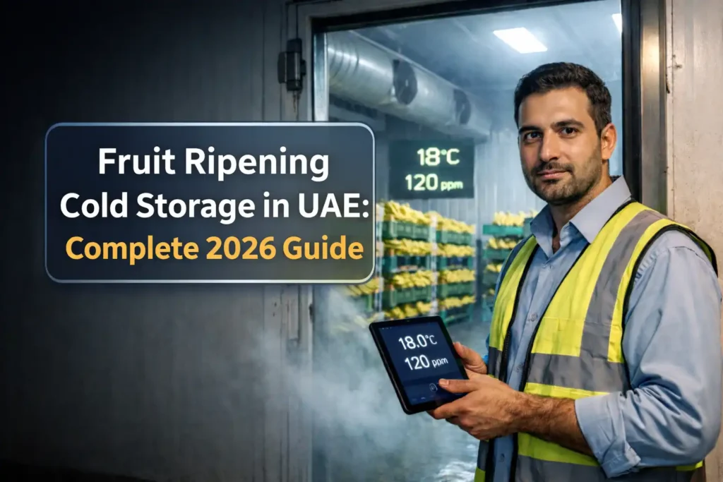 Engineer monitoring fruit ripening cold storage in UAE with temperature and ethylene control system inside a banana ripening room