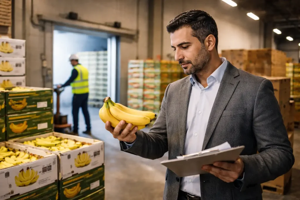 Banana quality inspection inside fruit ripening cold storage in UAE warehouse with controlled environment