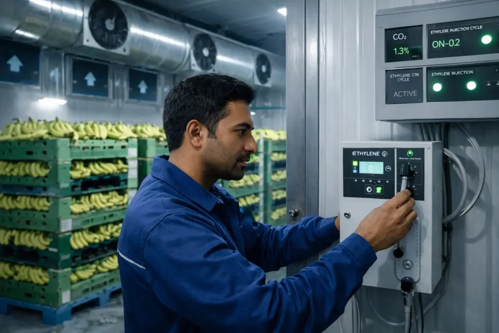 Technician adjusting ethylene control system inside fruit ripening cold storage in UAE with banana crates and airflow system