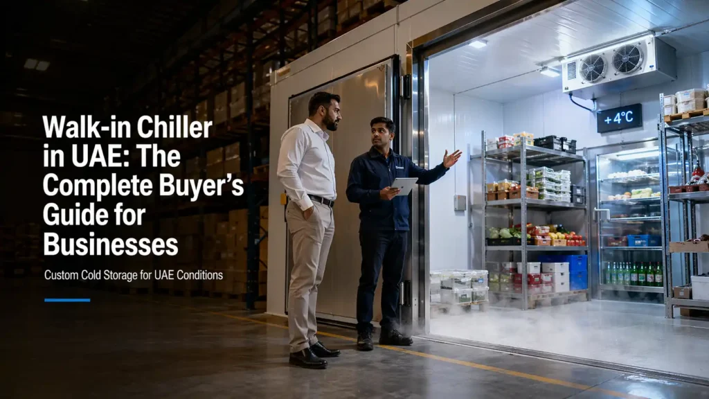 Two professionals inspecting a walk-in chiller room in a UAE warehouse facility showing temperature display at +4°C with stocked shelving inside