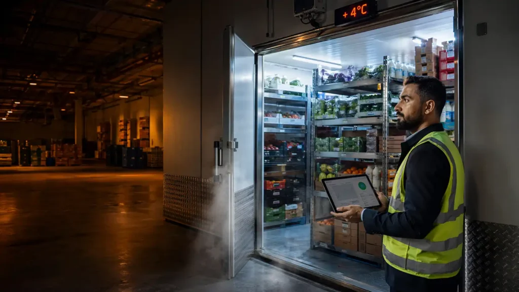 Technician monitoring walk-in chiller UAE cold storage room at 4°C with fresh produce and digital temperature control system