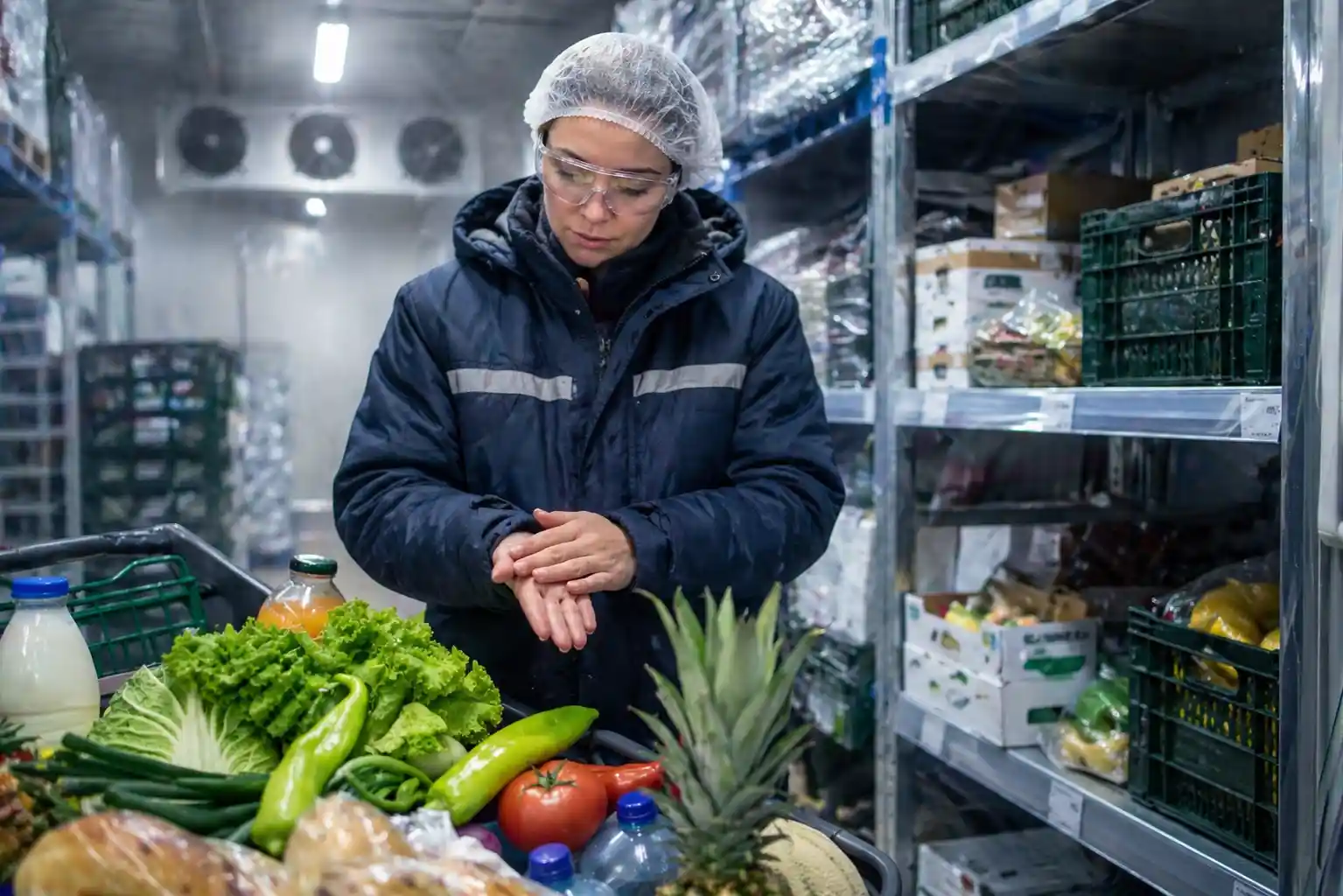 Worker handling fresh produce inside a walk-in cold storage facility in UAE ensuring food safety and temperature-controlled storage conditions