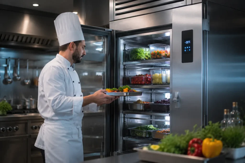 Chef using a blast chiller for restaurant kitchen operations in UAE with rapid cooling and commercial food preparation workflow