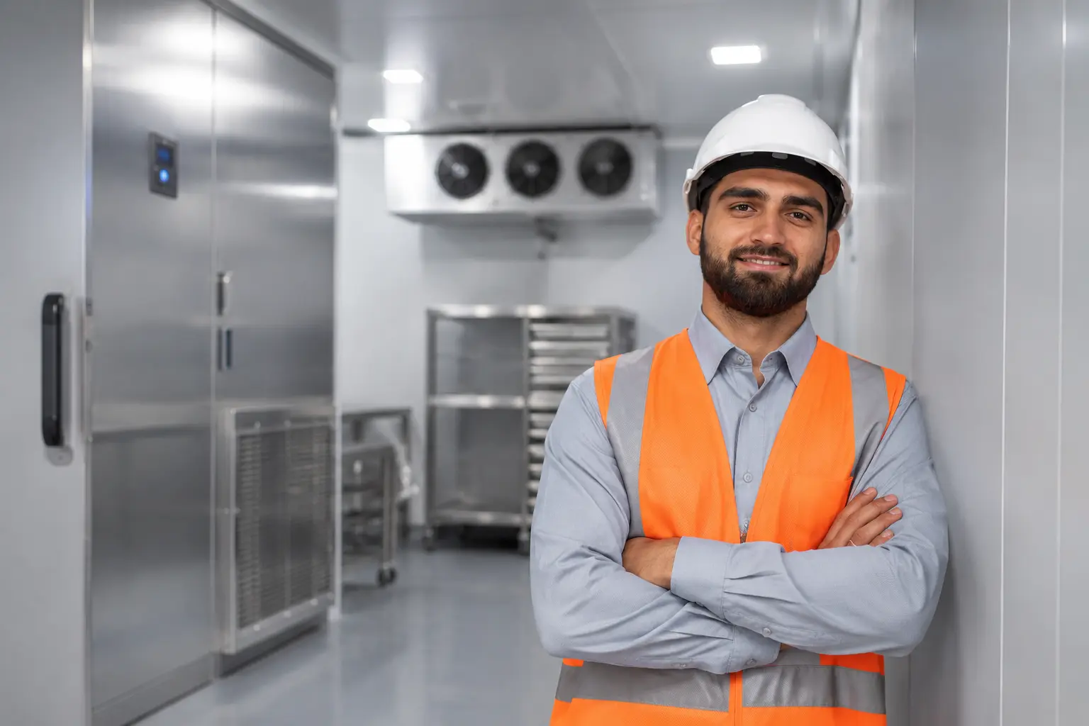 Technician inside a blast chiller room in UAE with insulated panels, refrigeration fans, and cold room equipment