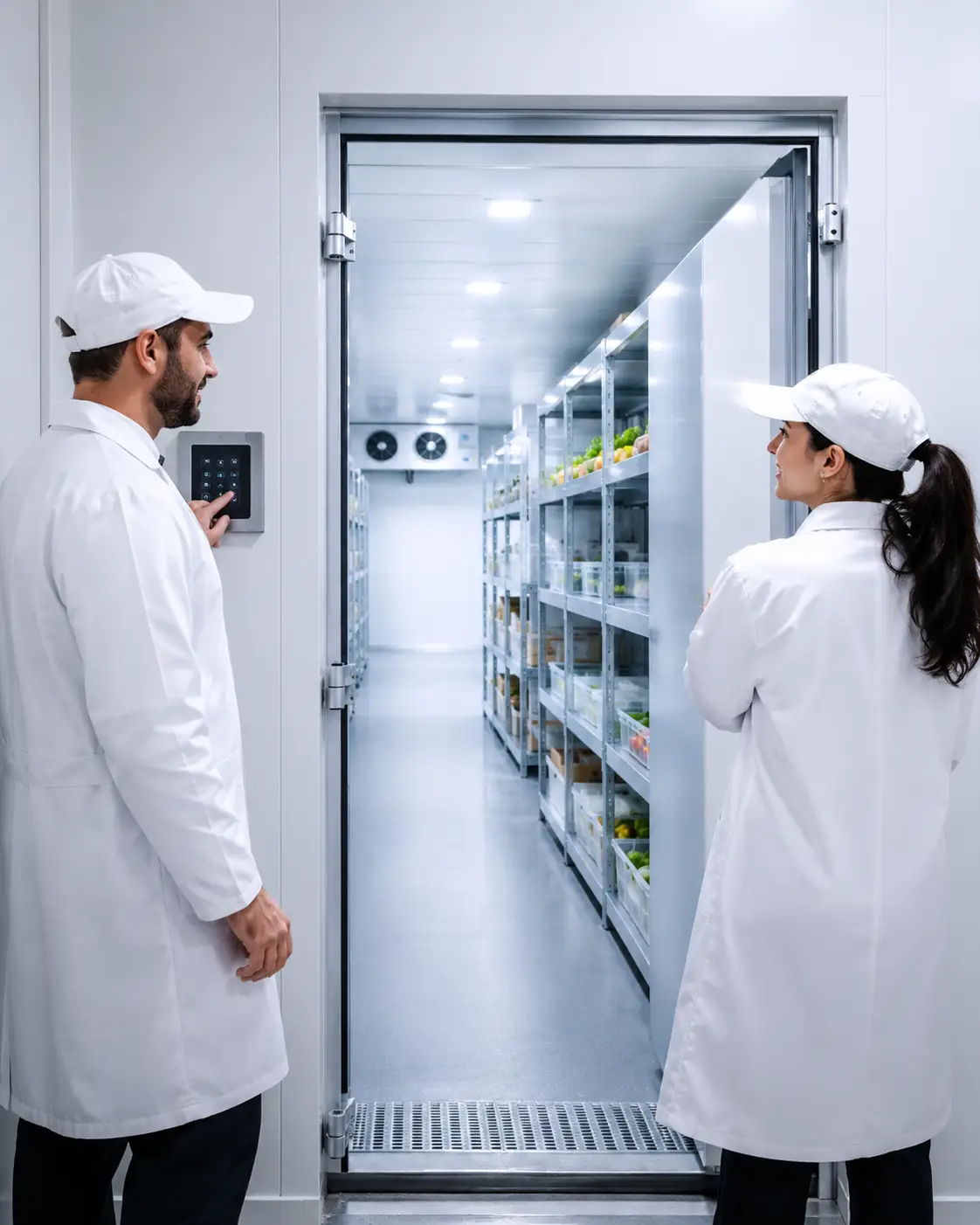 Blast chiller room in UAE with technicians checking temperature control, airflow, and cooling performance inside an insulated cold room
