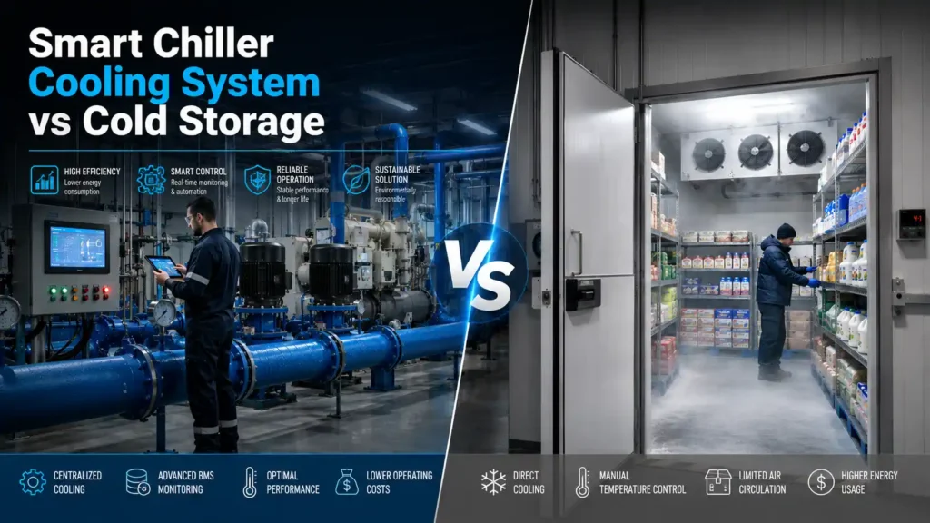 Engineer inspecting a chiller cooling system with chilled water pumps and HVAC equipment in a UAE commercial facility