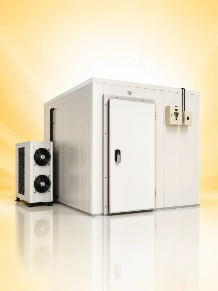 Chiller room installation in Dubai by trusted chiller room manufacturers in UAE, featuring insulated cold room panels, sealed access door, refrigeration unit, and temperature control system.