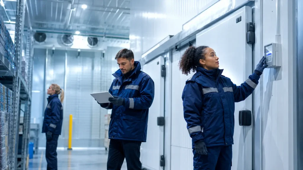 Chiller room engineering team in UAE inspecting cold storage doors, temperature controls, and refrigeration systems inside a commercial chiller room facility.