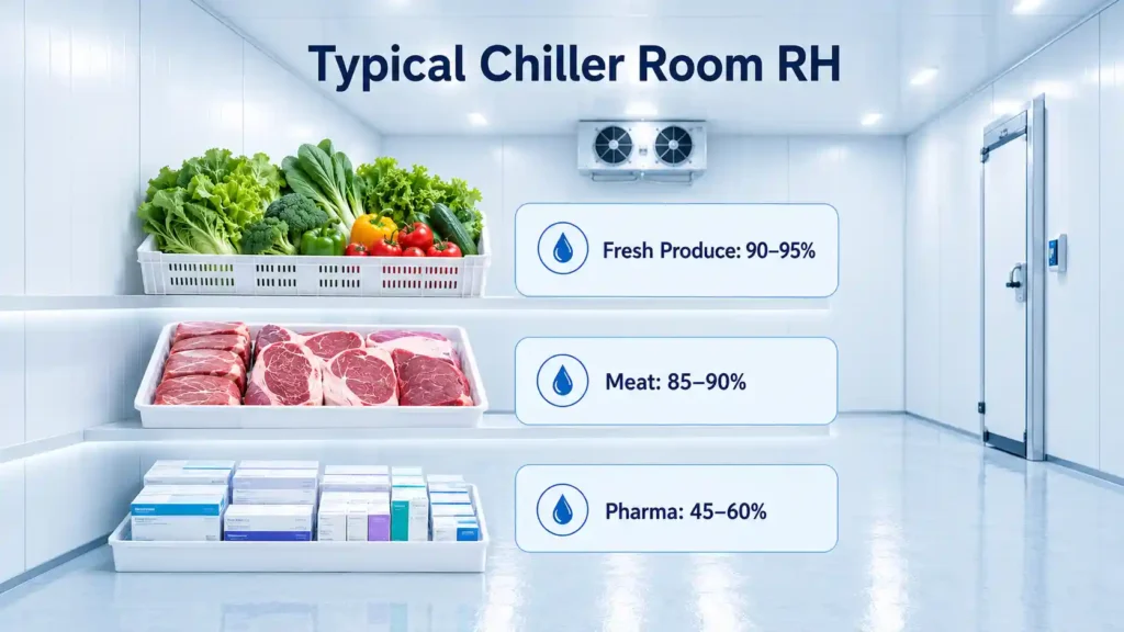 Chiller room humidity range infographic for fresh produce, meat, and pharmaceutical storage with RH levels for UAE cold rooms.