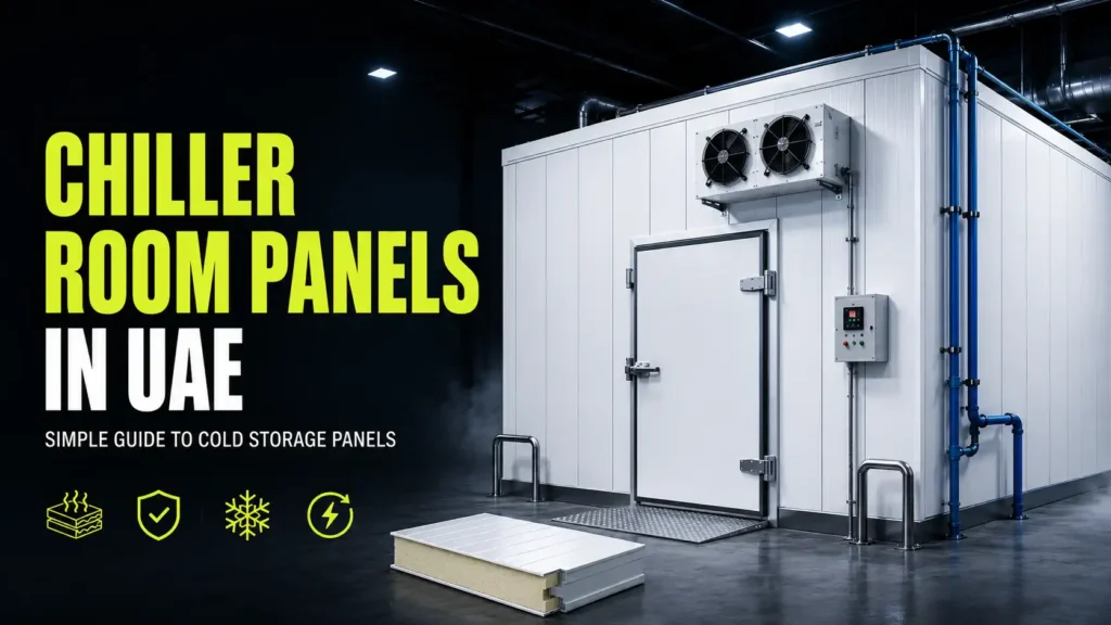 Chiller room panels in UAE with insulated cold room panels, refrigeration unit, cold room door, and cold storage panel section