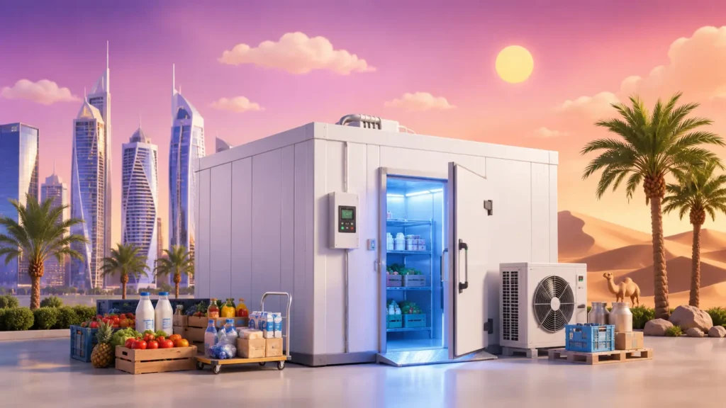 Chiller room installation in the UAE with cold storage unit, fresh produce, dairy products, and UAE city background