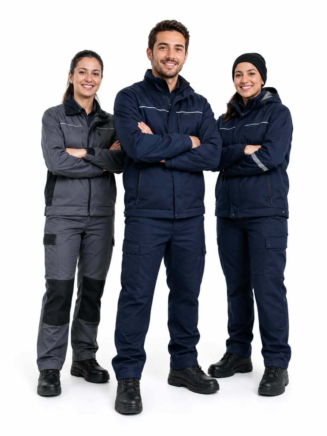 Three ChillerRoom.ae technicians standing together in workwear against a plain background, representing a UAE-based chiller room solutions provider offering design, installation, commissioning, and technical support for commercial and industrial cold storage systems.