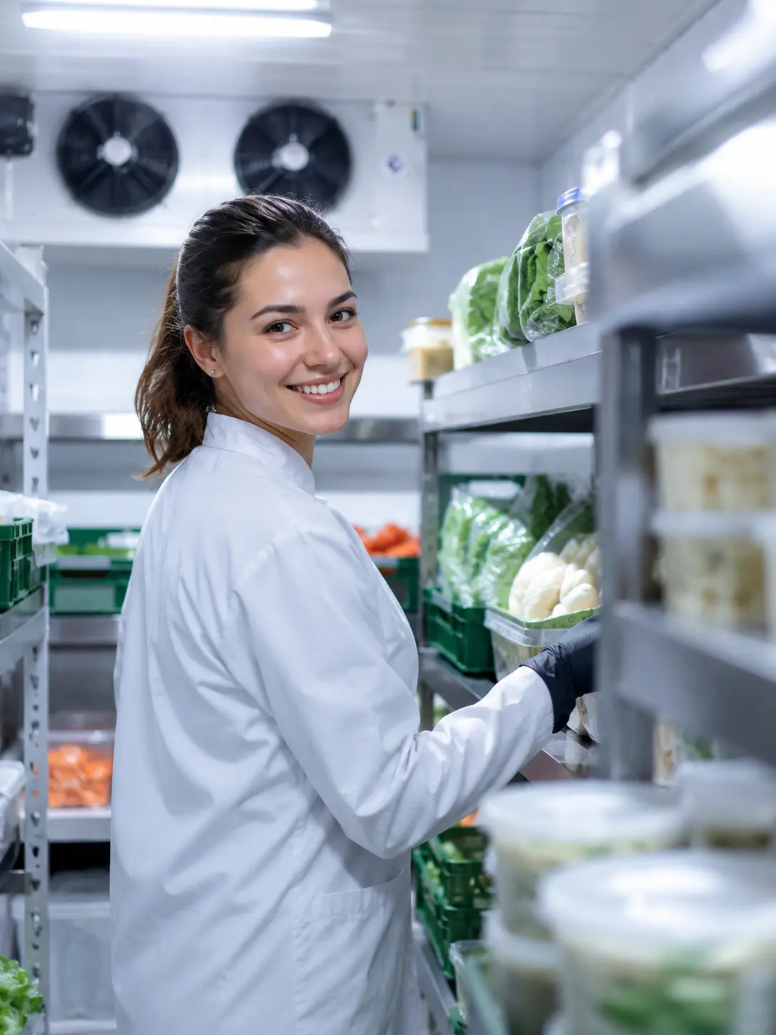 Chef inside a clean chiller room with fresh produce and cold storage shelves, representing ChillerRoom.ae commitment to long-term partnerships, preventive maintenance, responsive technical support, and reliable chiller room system performance in the UAE.