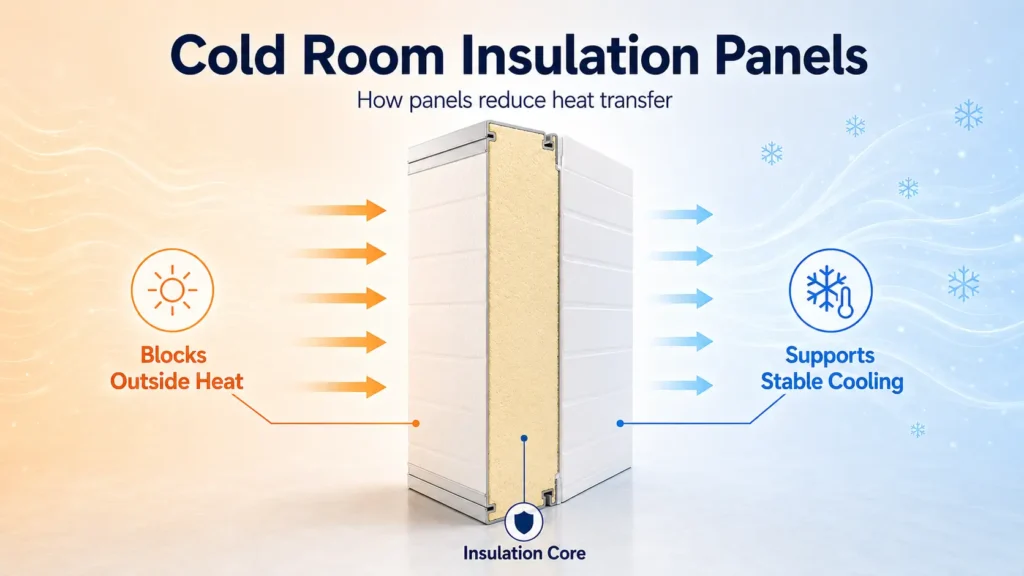Cold room insulation panels showing insulation core blocking outside heat and supporting stable cooling for chiller rooms in UAE