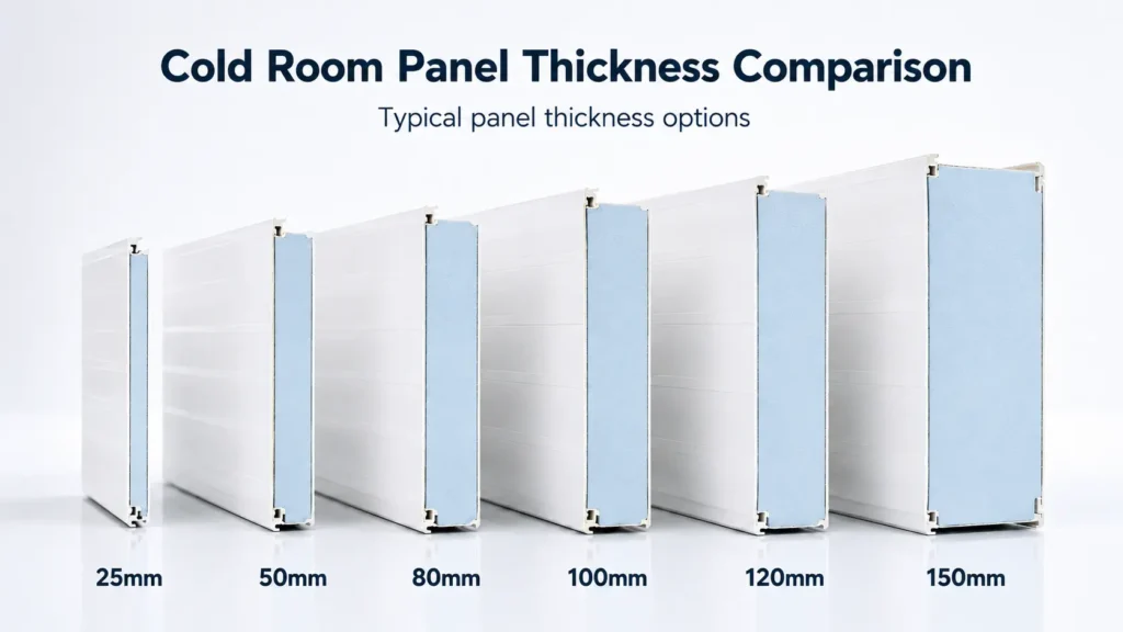 Cold room panel thickness comparison showing different insulated panels for chiller rooms, freezer rooms, and cold storage in UAE