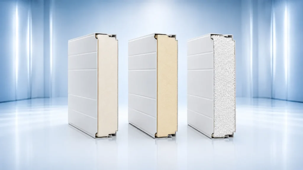 Cold room panel types showing PU, PIR, and EPS insulation cores for chiller room panels in UAE