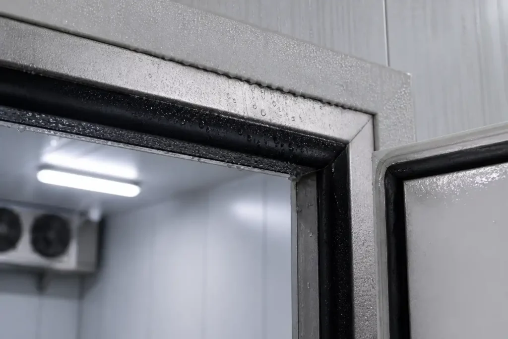 Close-up of cold storage chiller room door seal in UAE showing insulated frame, rubber gasket, and condensation from temperature-controlled environment