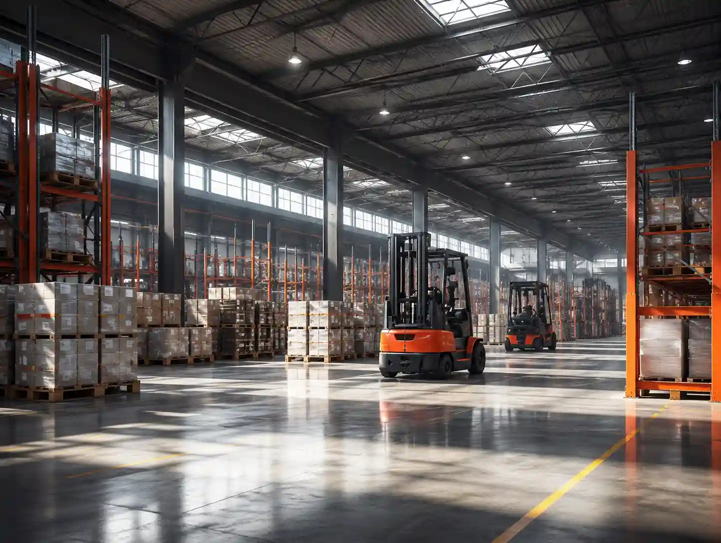 Industrial cold storage logistics warehouse in UAE with forklifts, pallet storage, warehouse racking, and large-scale distribution operations.
