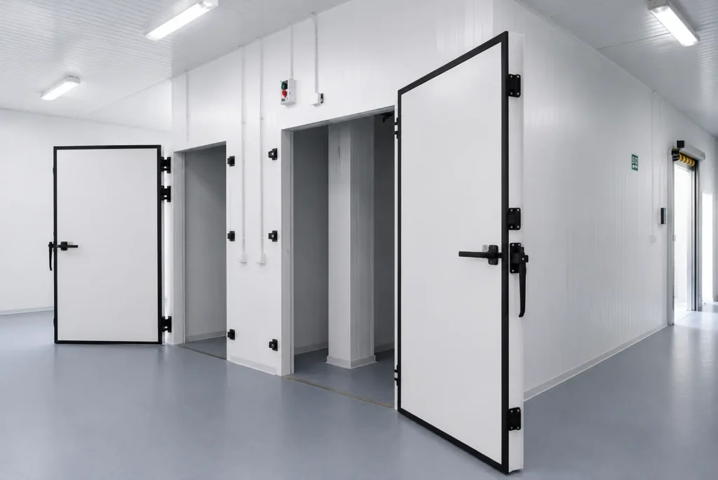Insulated cold storage warehouse setup in UAE with industrial cold room doors, temperature-controlled chambers, and refrigerated storage infrastructure.