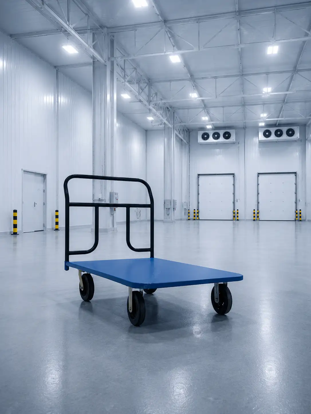 Modern cold warehouse interior in UAE with insulated panels, industrial flooring, loading bay doors, and temperature-controlled storage infrastructure.