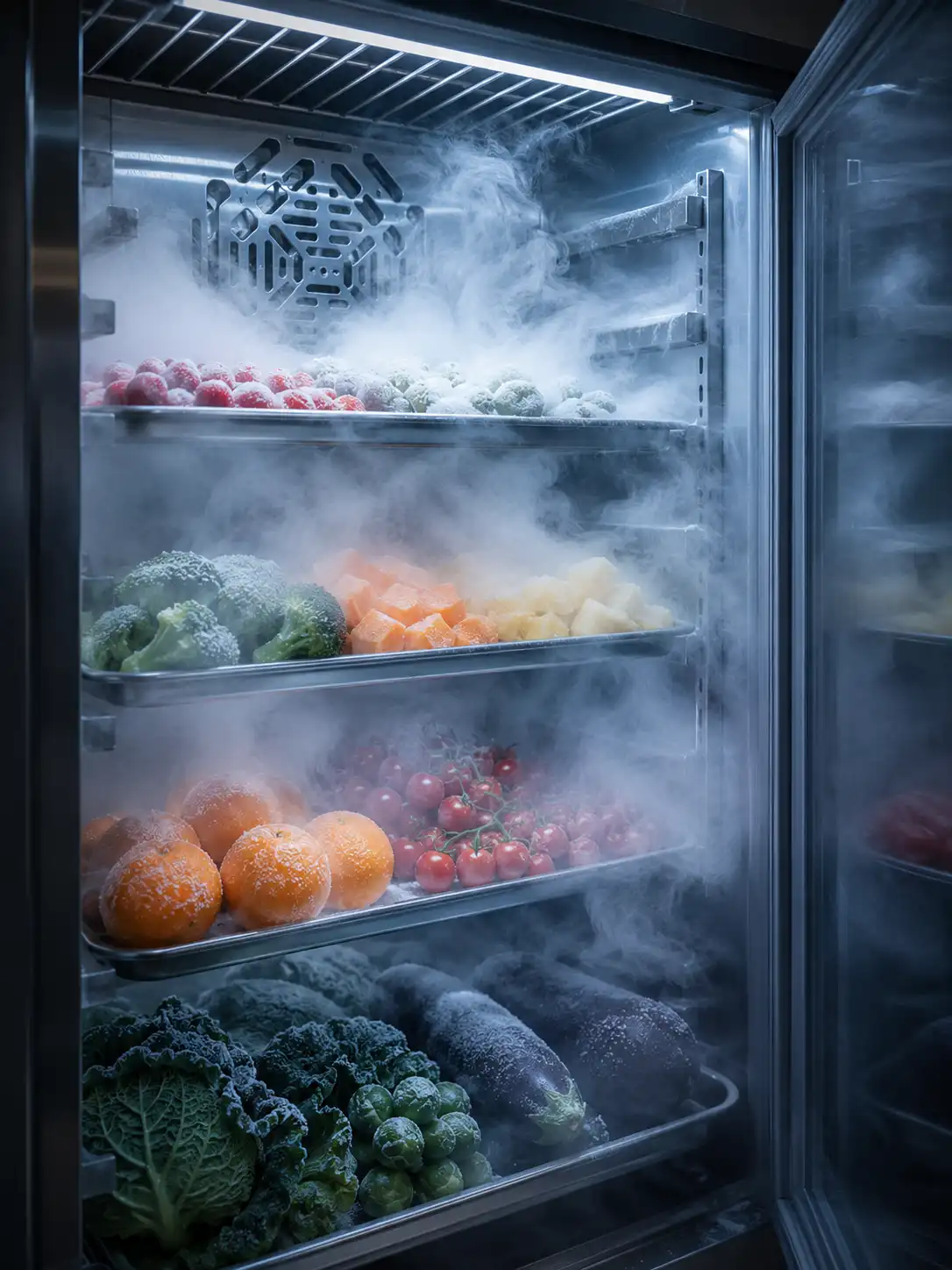 Commercial blast freezer system preserving vegetables and fresh food with rapid cooling technology in UAE kitchen environment