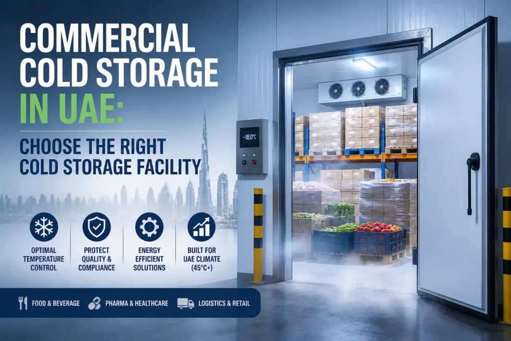 Commercial cold storage facility in UAE with open chiller room, palletized goods, refrigeration system, and temperature-controlled warehouse environment