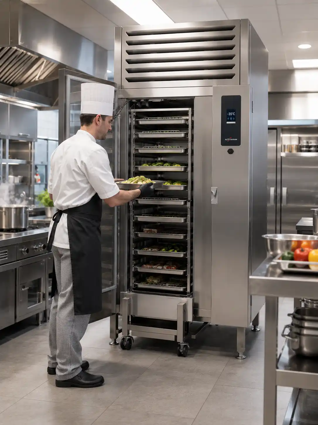 Chef operating a commercial kitchen blast chiller in UAE for restaurant food cooling and batch production workflows
