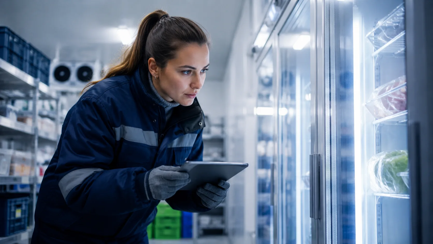 Chiller Room Manufacturer in UAE inspecting and monitoring industrial refrigeration systems during cold storage engineering and quality control process
