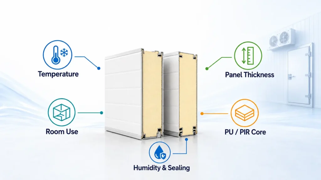 How to choose chiller room panels in UAE based on temperature, panel thickness, PU PIR core, room use, humidity, and sealing