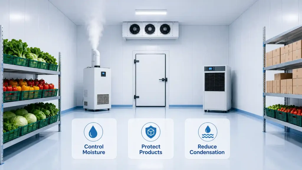 Balanced Humidifier and Dehumidifier for Chiller Rooms in UAE setup with healthy produce, dry cartons, clean panels, and controlled moisture.