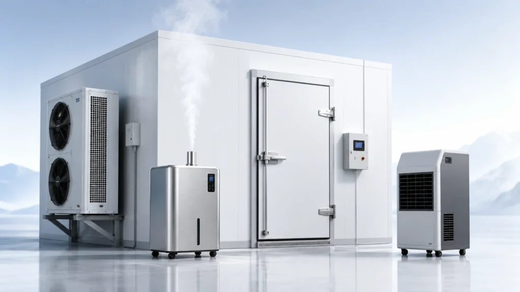 Humidifier and Dehumidifier for Chiller Rooms in UAE with industrial humidifier and industrial dehumidifier for chiller humidity control.