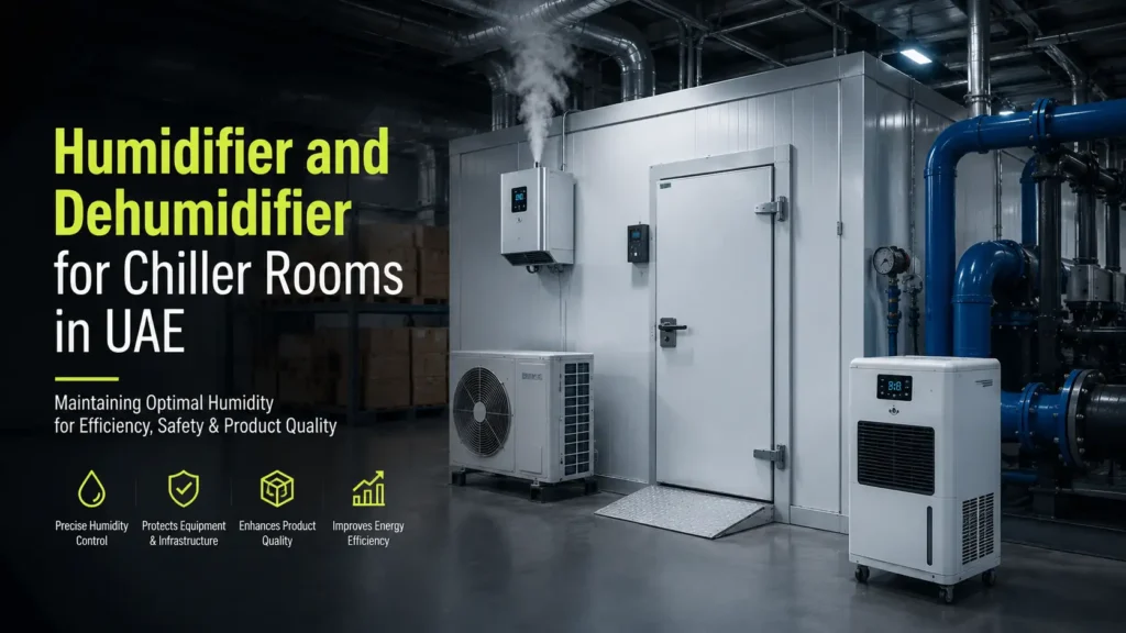 Humidifier and Dehumidifier for Chiller Rooms in UAE with industrial humidifier, industrial dehumidifier, chiller room unit, humidity sensor, and cold room humidity control system.