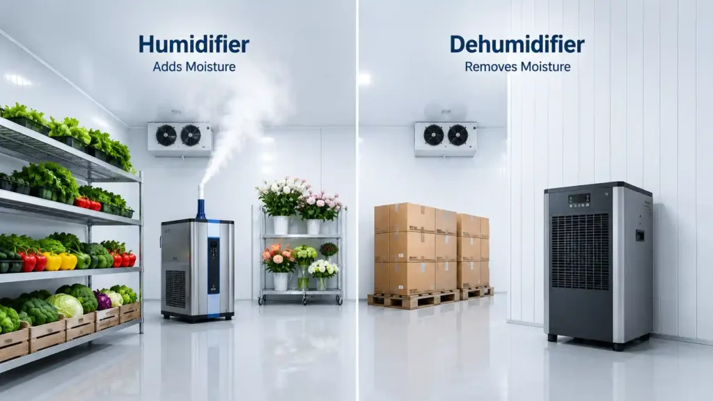 Humidifier and Dehumidifier for Chiller Rooms in UAE comparison showing an industrial humidifier adding moisture and an industrial dehumidifier removing moisture.