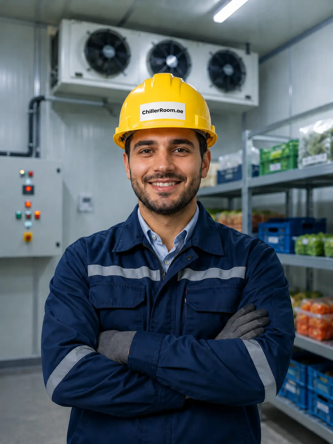 Industrial chiller room technician in UAE standing inside a commercial cold storage facility with insulated panels, ceiling-mounted evaporators, temperature control systems, and organised storage shelving.