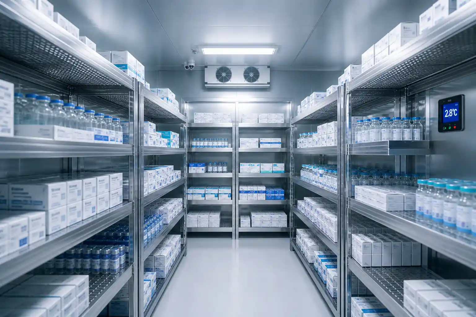 Organized pharma cold storage shelving inside a walk-in chiller in UAE maintaining controlled temperature conditions