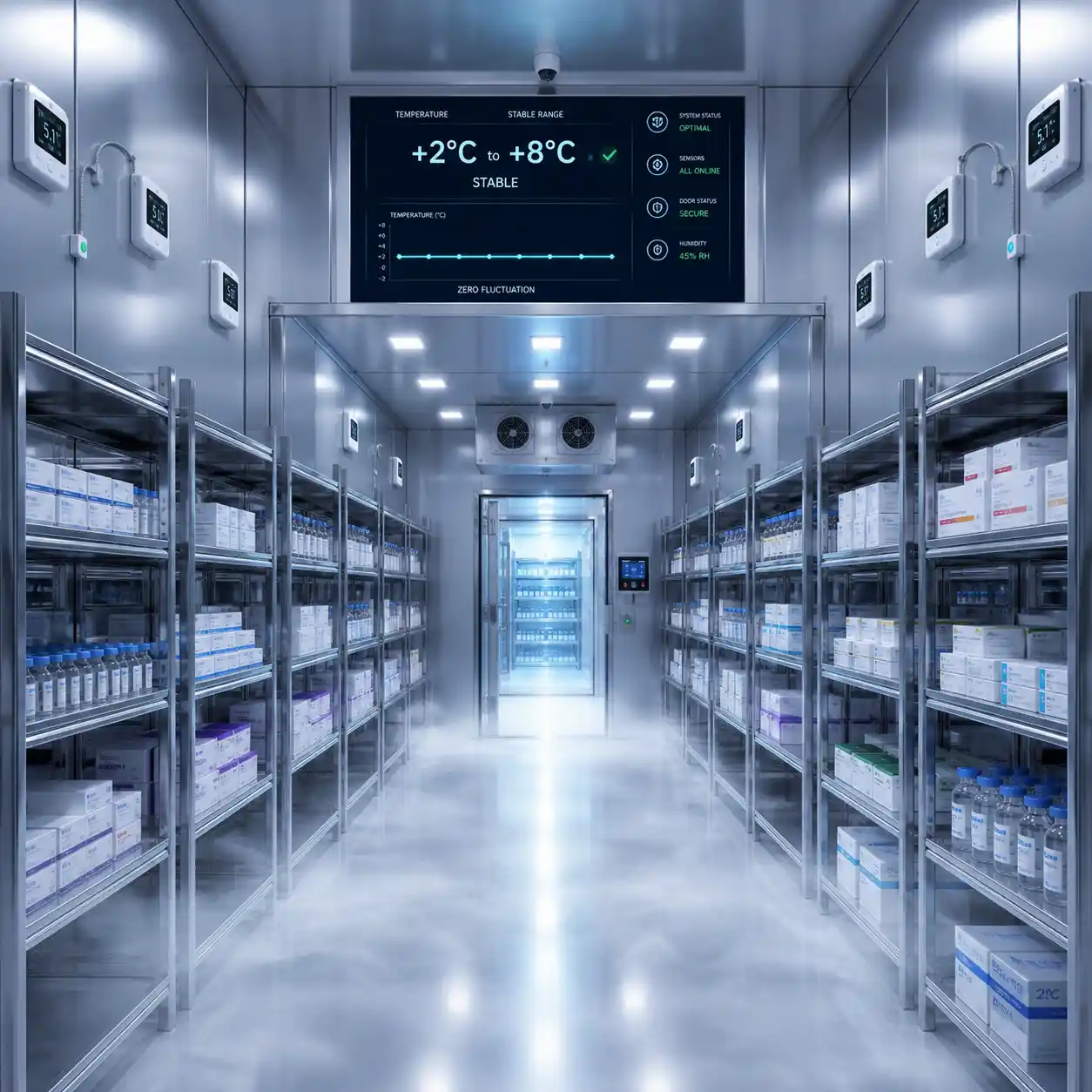 Pharmaceutical chiller room in UAE maintaining stable 2°C to 8°C range for pharma cold storage and cold chain compliance