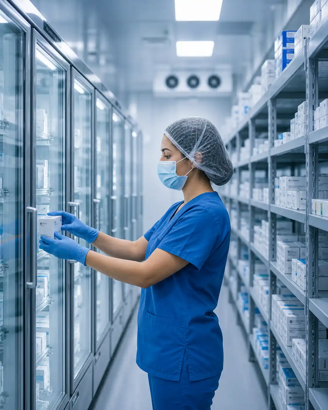 Pharmaceutical technician handling medicine boxes inside a walk-in chiller in UAE maintaining cold chain storage conditions