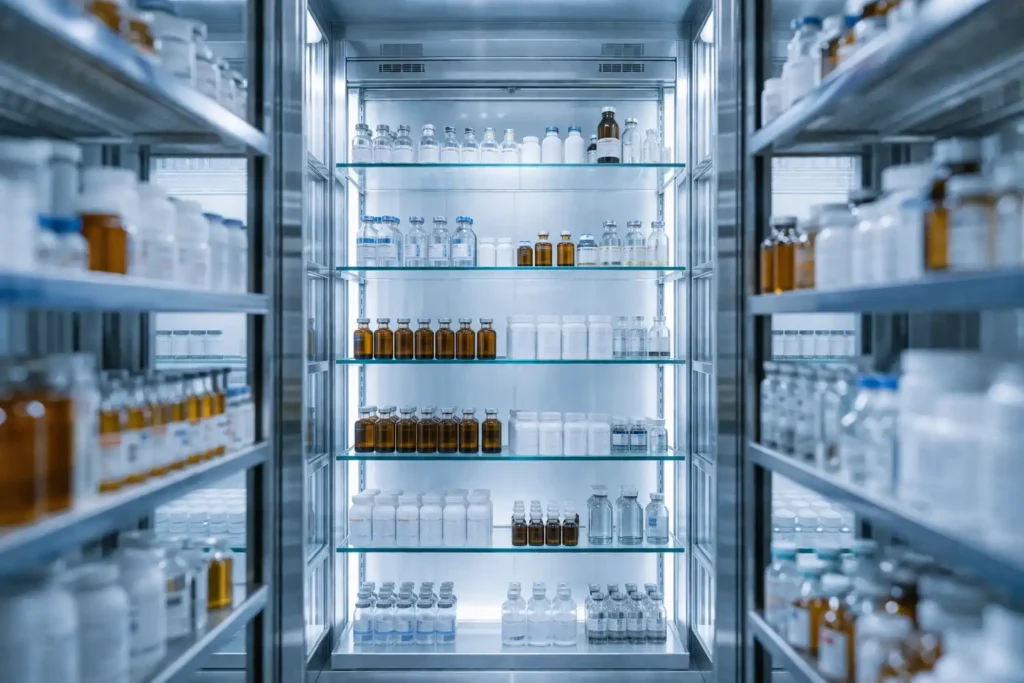 Pharmaceutical vials and medicines stored inside a walk-in chiller in UAE ensuring safe pharma cold storage conditions