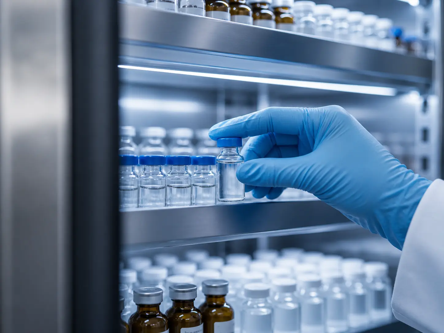 Gloved hand handling pharmaceutical vial inside cold storage ensuring safe pharma cold chain conditions in UAE