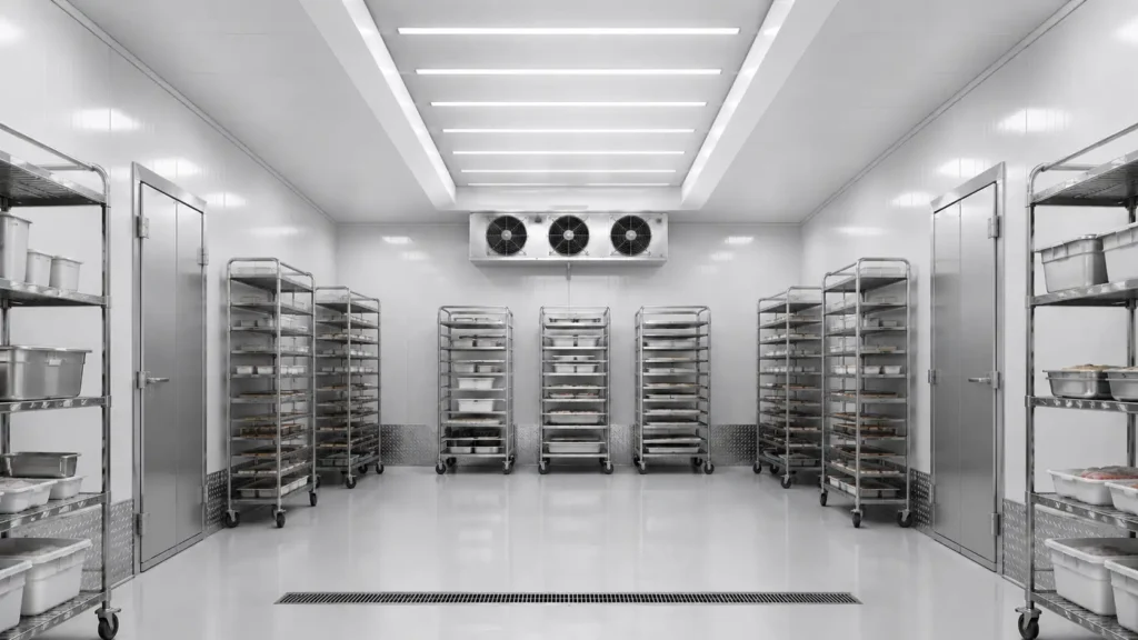 Walk-in blast chiller room in UAE with trolley racks, insulated panels, evaporator fans, and rapid cooling setup for food production
