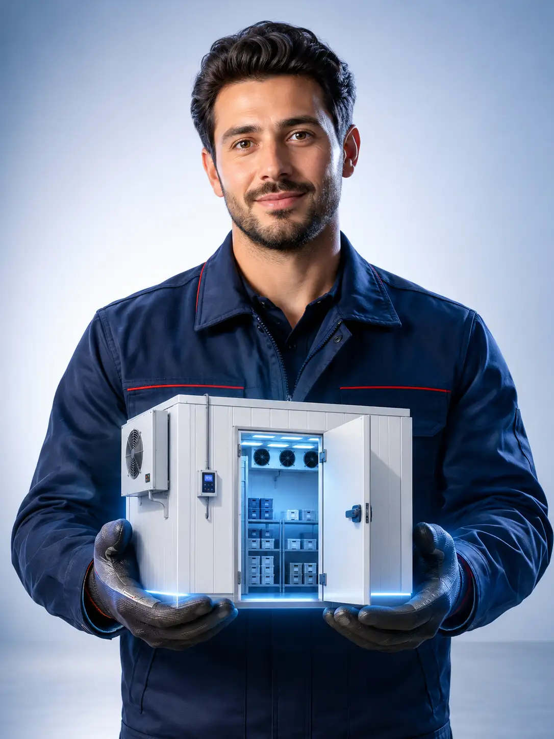 Refrigeration technician holding a miniature commercial cold room for chiller room maintenance service in UAE