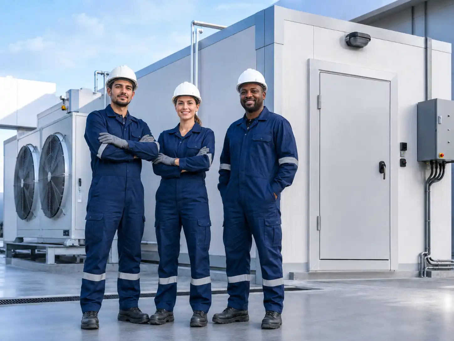 Three chiller room technicians including a female technician standing outside a closed commercial chiller room in UAE