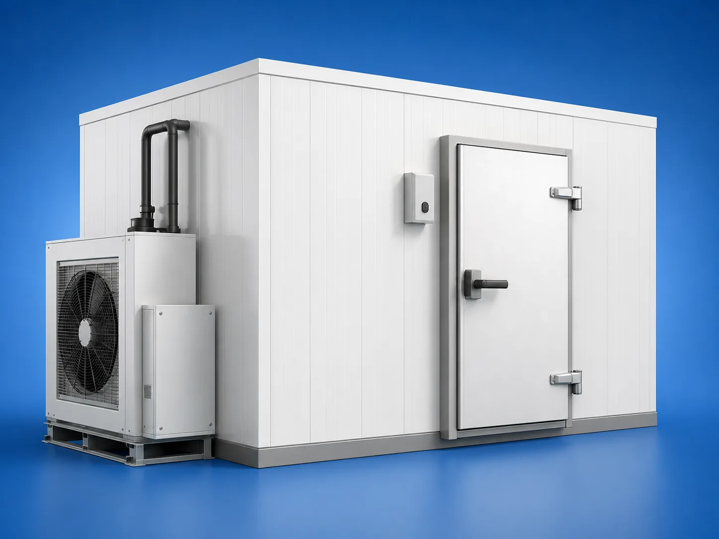 White modular chiller room with refrigeration unit on a blue background for UAE commercial cold storage solutions