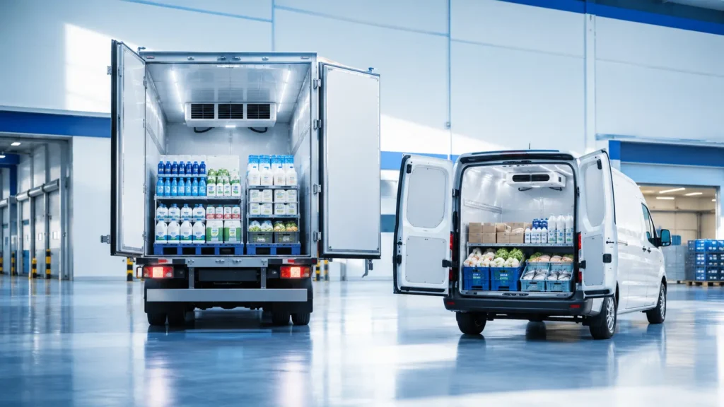 Chiller truck and chiller van with open refrigerated cargo areas for cold delivery systems in UAE