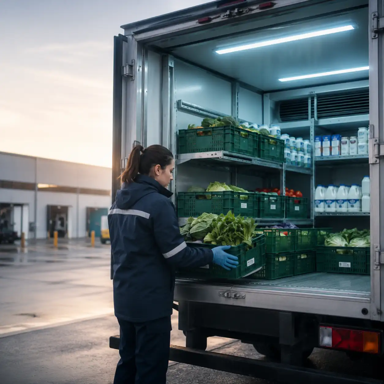 Chiller truck with fresh produce being loaded into an insulated refrigerated cargo area for UAE cold delivery