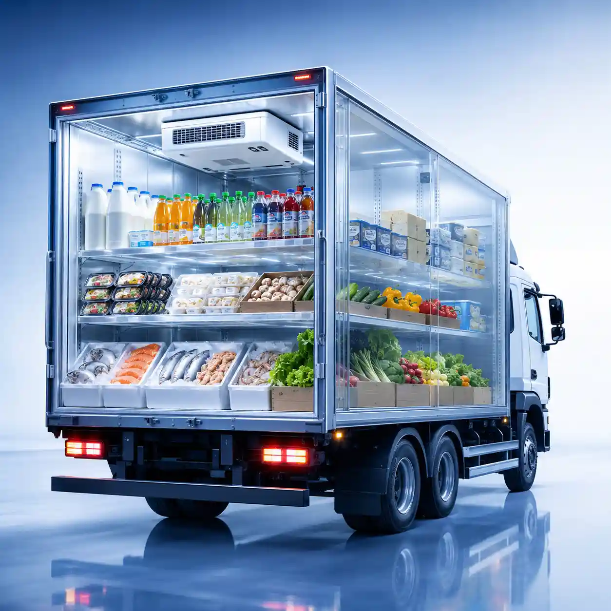 Chiller truck refrigeration system in UAE with insulated body, cooling unit, and cold storage cargo for food and cold chain delivery