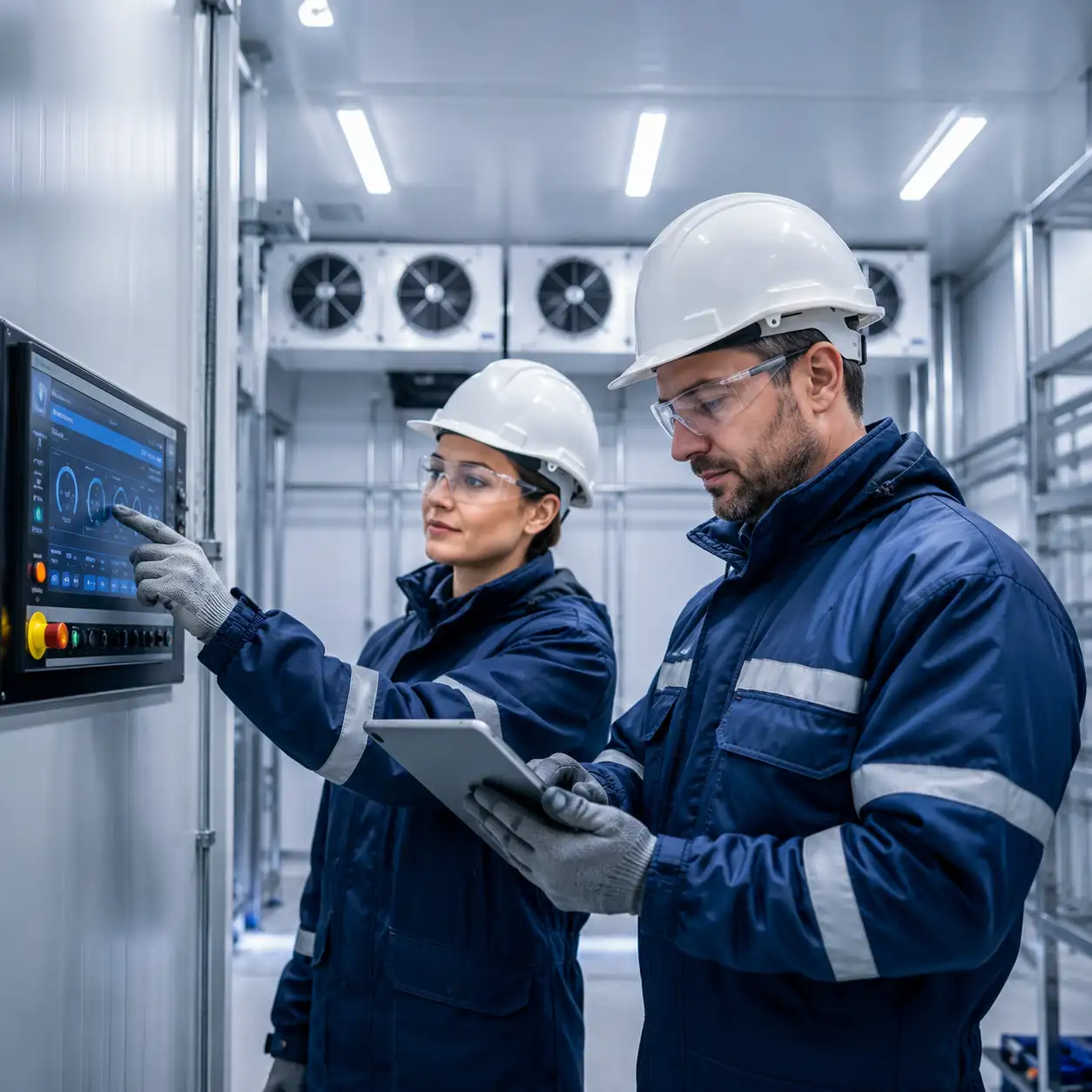 Cold room technicians in UAE checking refrigeration controls and system performance