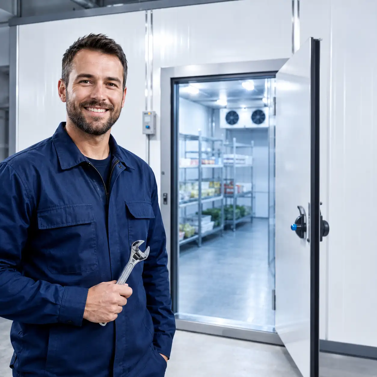 Cold room maintenance technician holding a wrench beside an open commercial cold room in UAE