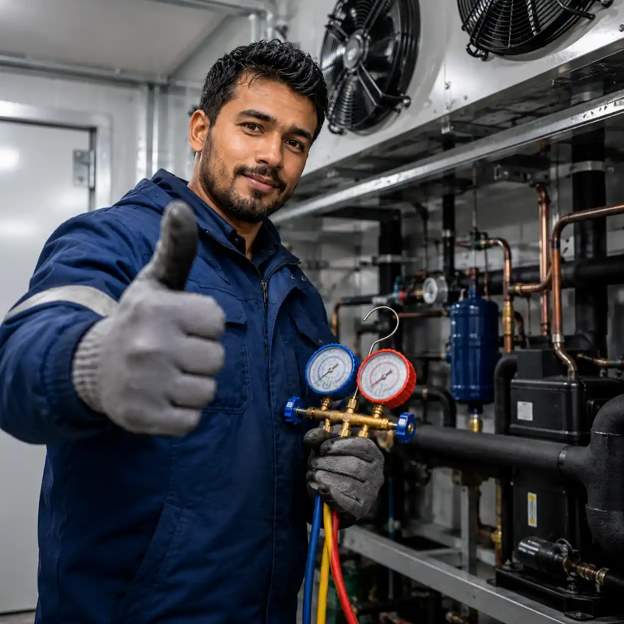 Technician using refrigeration gauges during a cold room repair and system check in UAE