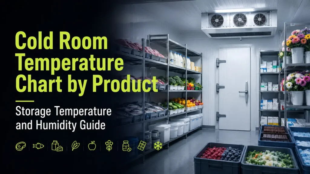 Cold Room Temperature Chart by Product with meat, fish, dairy, vegetables, fruit, flowers, medicines and frozen food